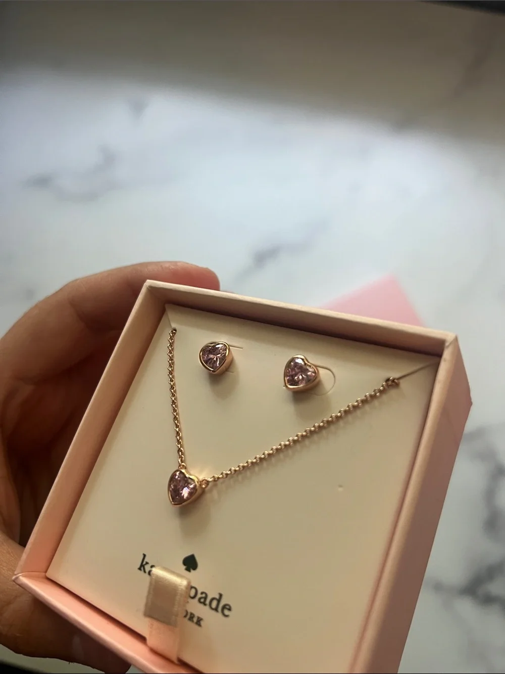 kate spade Rose Gold Heart Necklace and Stud Set with lilac Crystals